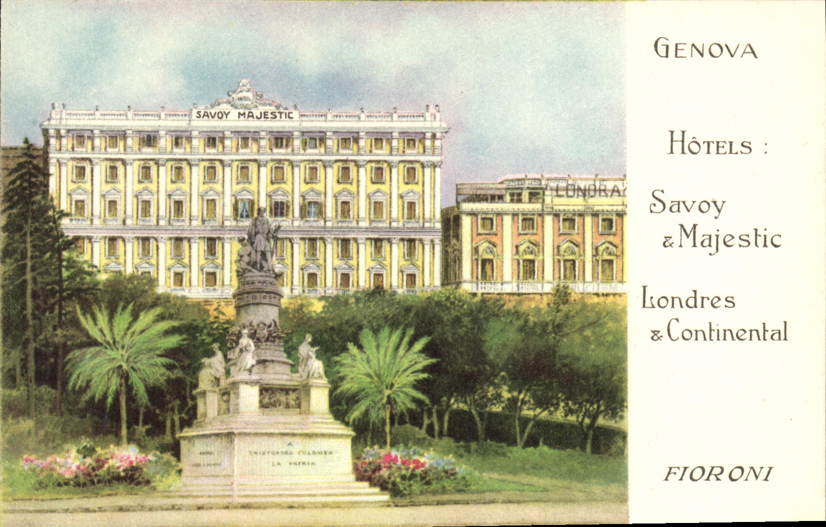 VINTAGE POSTCARD Genova Hotels Savoy Majestic Londers Continental Fioroni