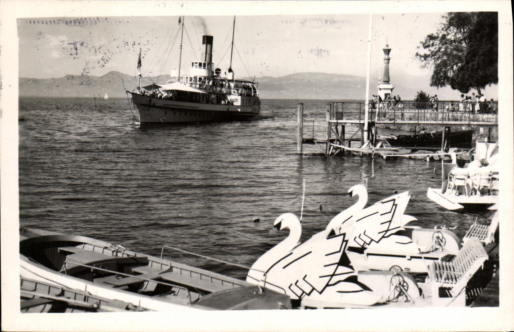 VINTAGE POSTCARD Evian Les Bains Passage Of the Swiss Boat Swans