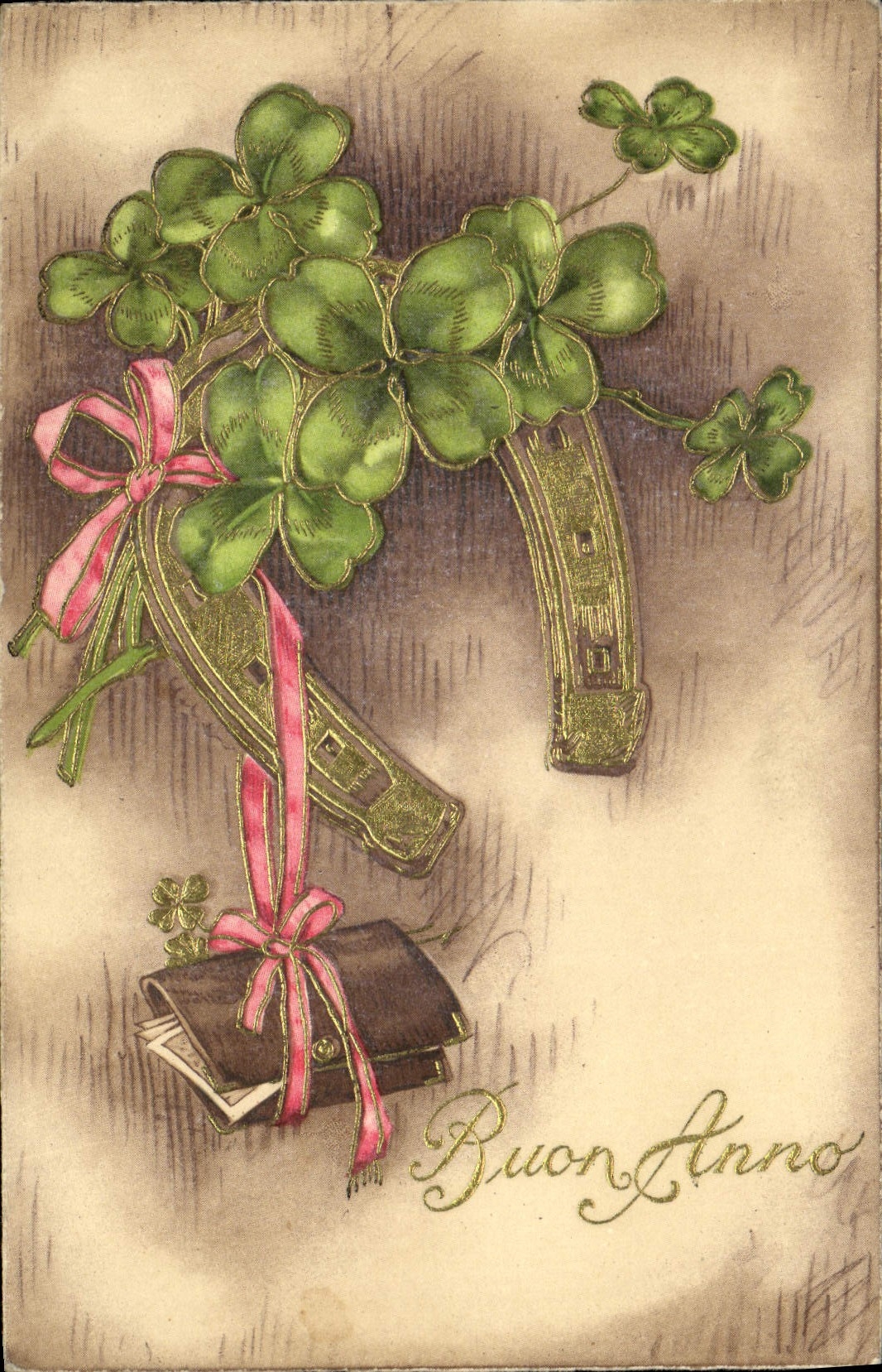 VINTAGE POSTCARD Buon Anno Clover Horseshoe TRefle