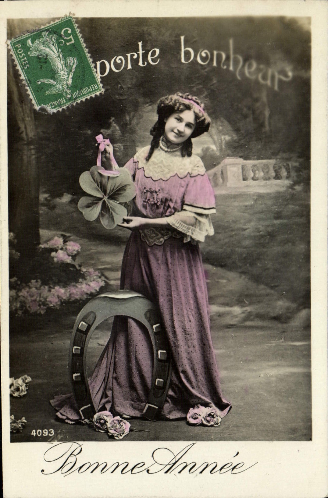 VINTAGE POSTCARD Happy New Year Woman Carries Happiness Clover Horseshoe