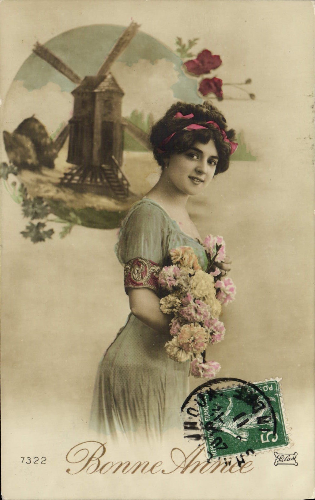 CPA Bonne Annee Femme Moulin a vent