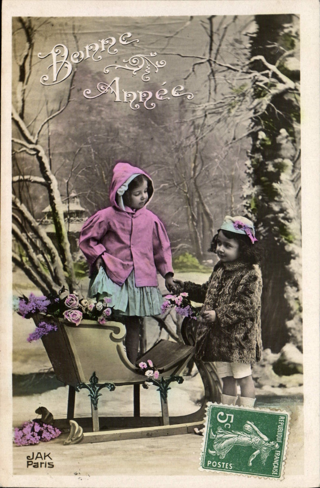 VINTAGE POSTCARD Happy New Year Children Toboggan