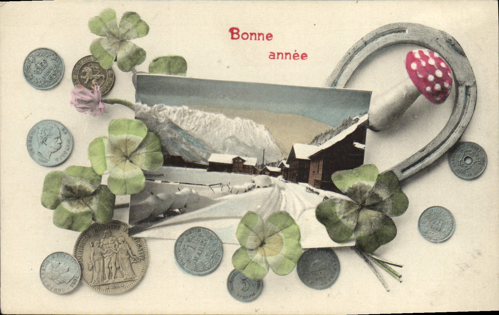 CPA Bonne Annee Trefles Fer a cheval Pieces de monnaie 