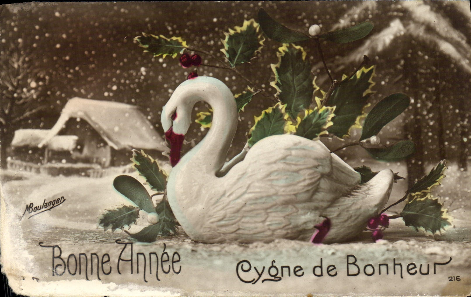 VINTAGE POSTCARD Happy New Year Swan
