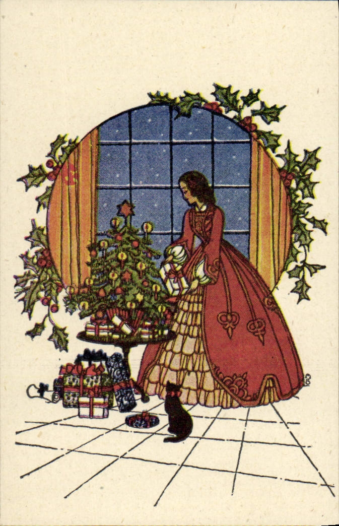 VINTAGE POSTCARD Happy New Year Woman Cat