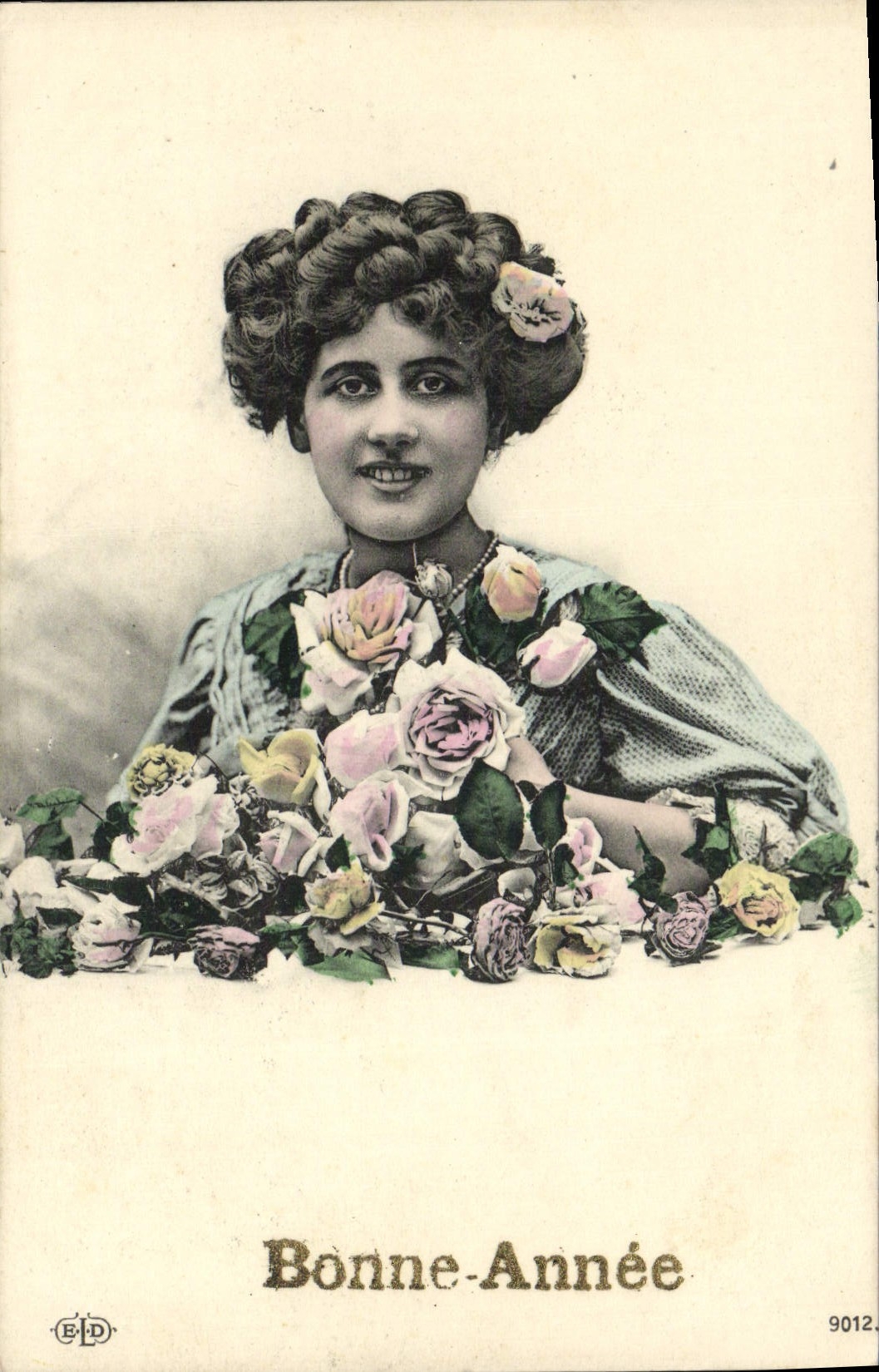 VINTAGE POSTCARD Happy New Year Woman Flowers