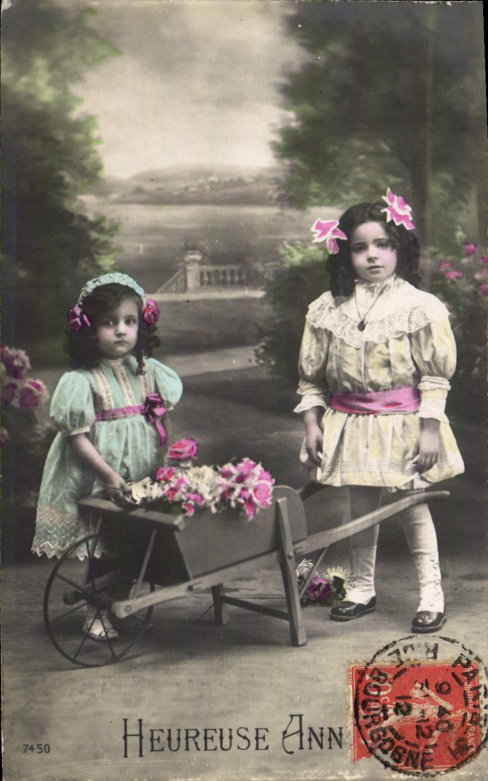 VINTAGE POSTCARD Happy Year Children Wheelbarrow