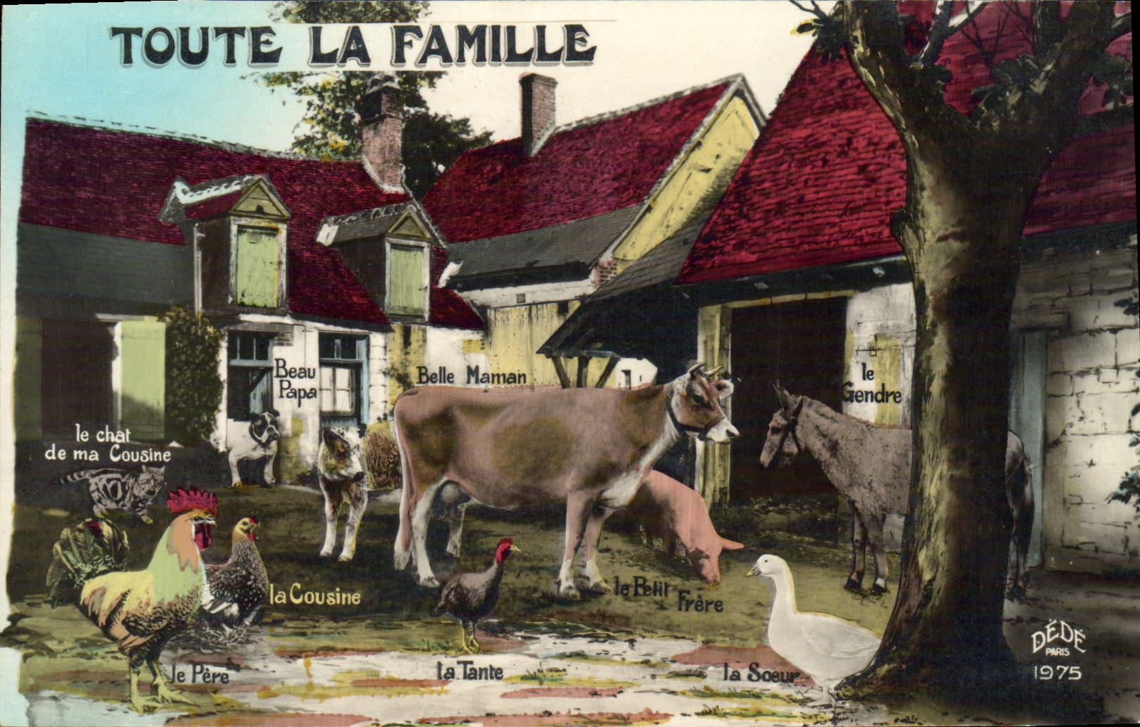 CPA Toute La Famille Vache Coq Ane Chien Oie Poule 