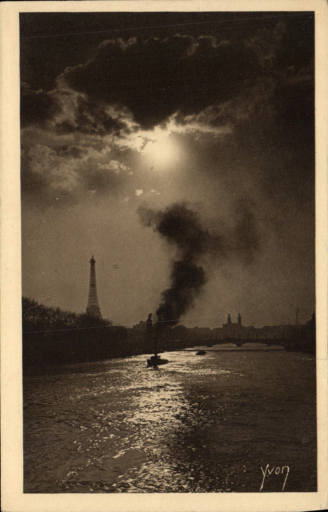 VINTAGE POSTCARD Moonlight Paris on the Seine Eiffel Tower