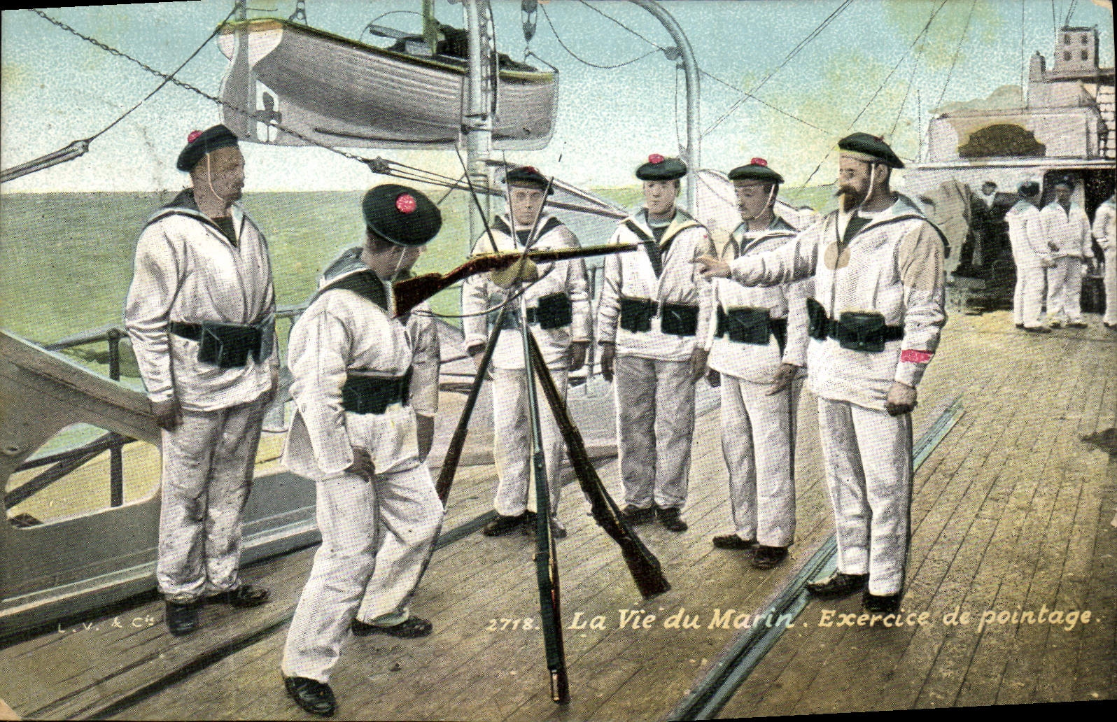 VINTAGE POSTCARD life of sailor Exercise of pointing Militaria Boat