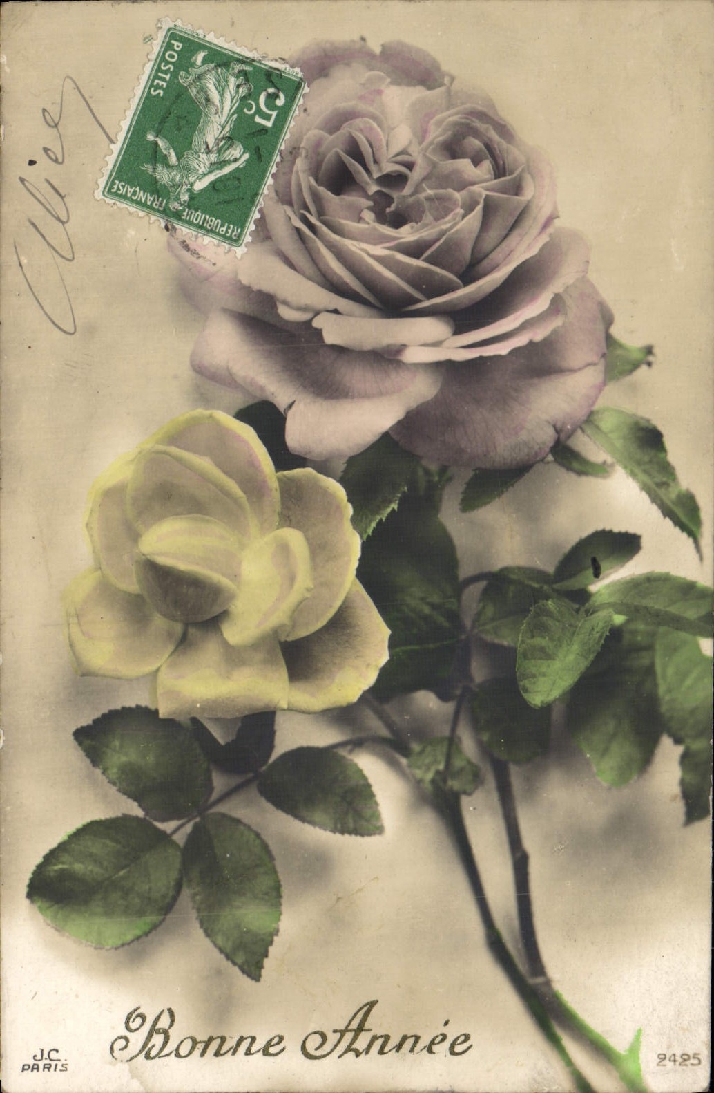 VINTAGE POSTCARD Happy New Year Pink Flowers