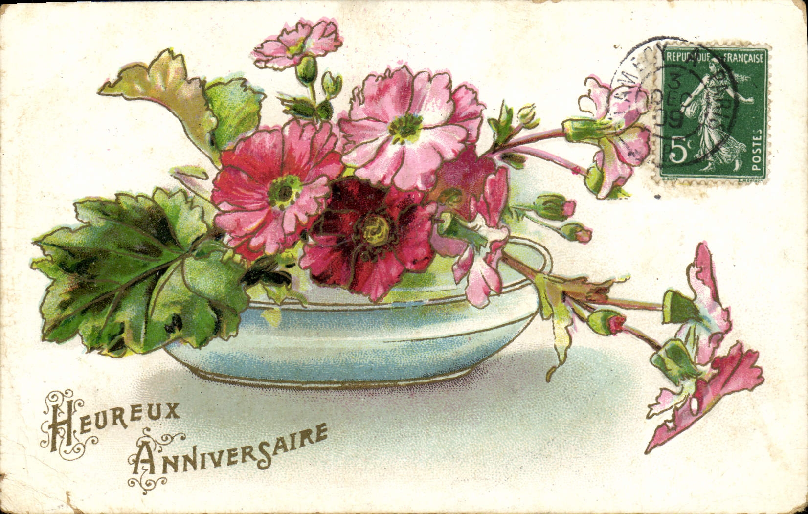 CPA Heureux Anniversaire Fleurs 