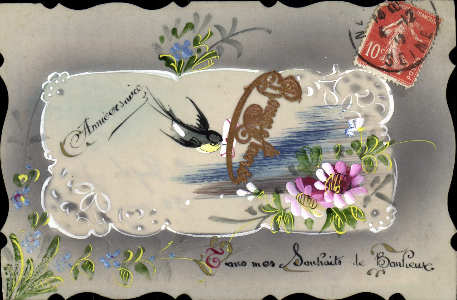 CPA Fantaisie Fleurs Hirondelle 