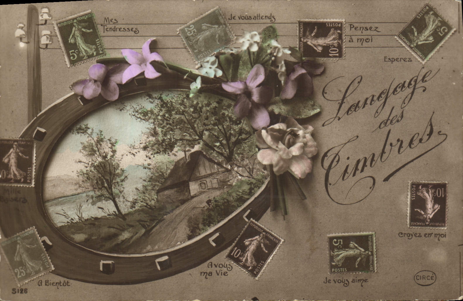 CPA Fantaisie Fleurs Fer a Cheval Timbre Semeuse