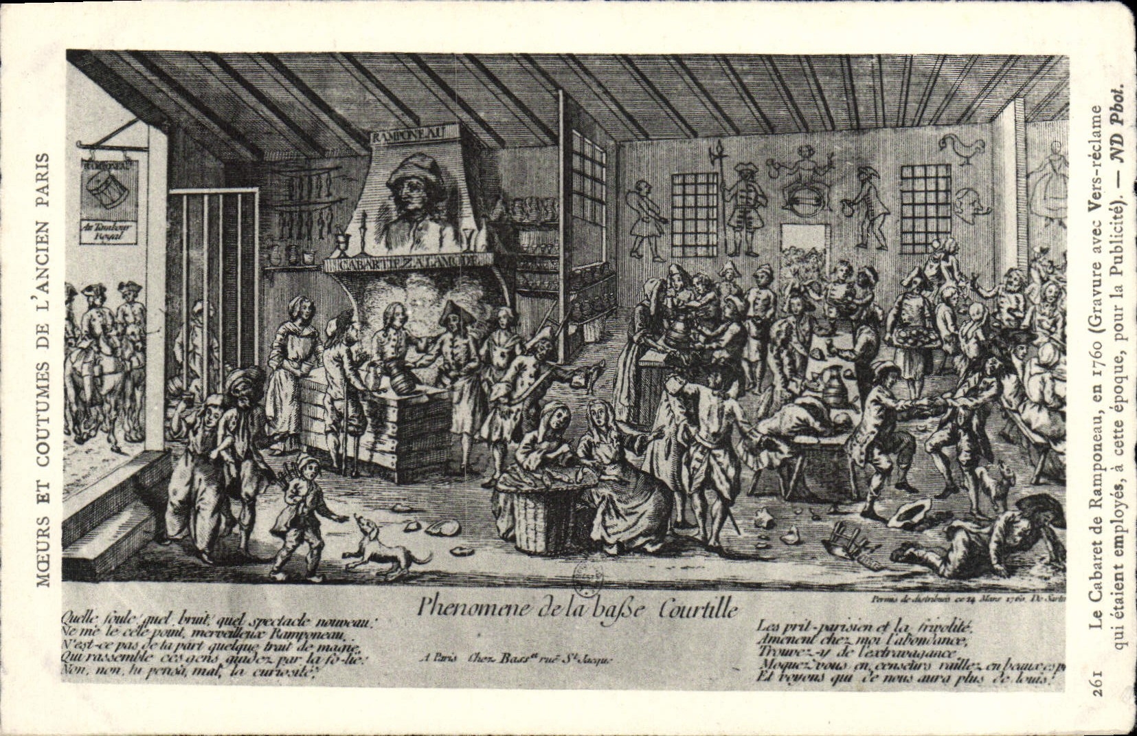 Maneras de la POSTAL de la VENDIMIA y hábitos de París vieja el cabaret del Biff 1760