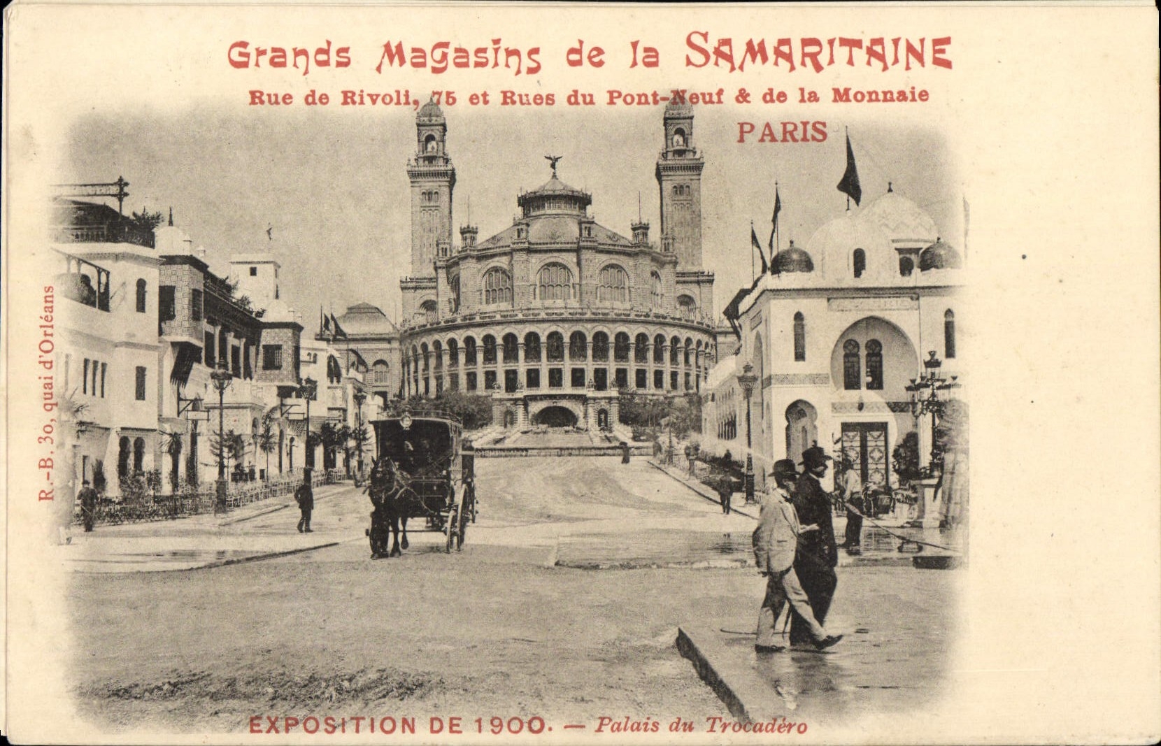 VINTAGE POSTCARD Department stores of Samaritaine Street of Riovli and Rues of the New Bridge of the Paris Currency
