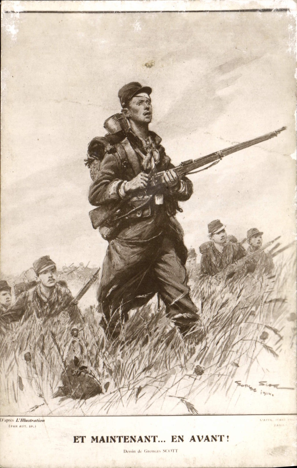 VINTAGE POSTCARD And Maintaining Soldier Militaria Georges Scott Ahead