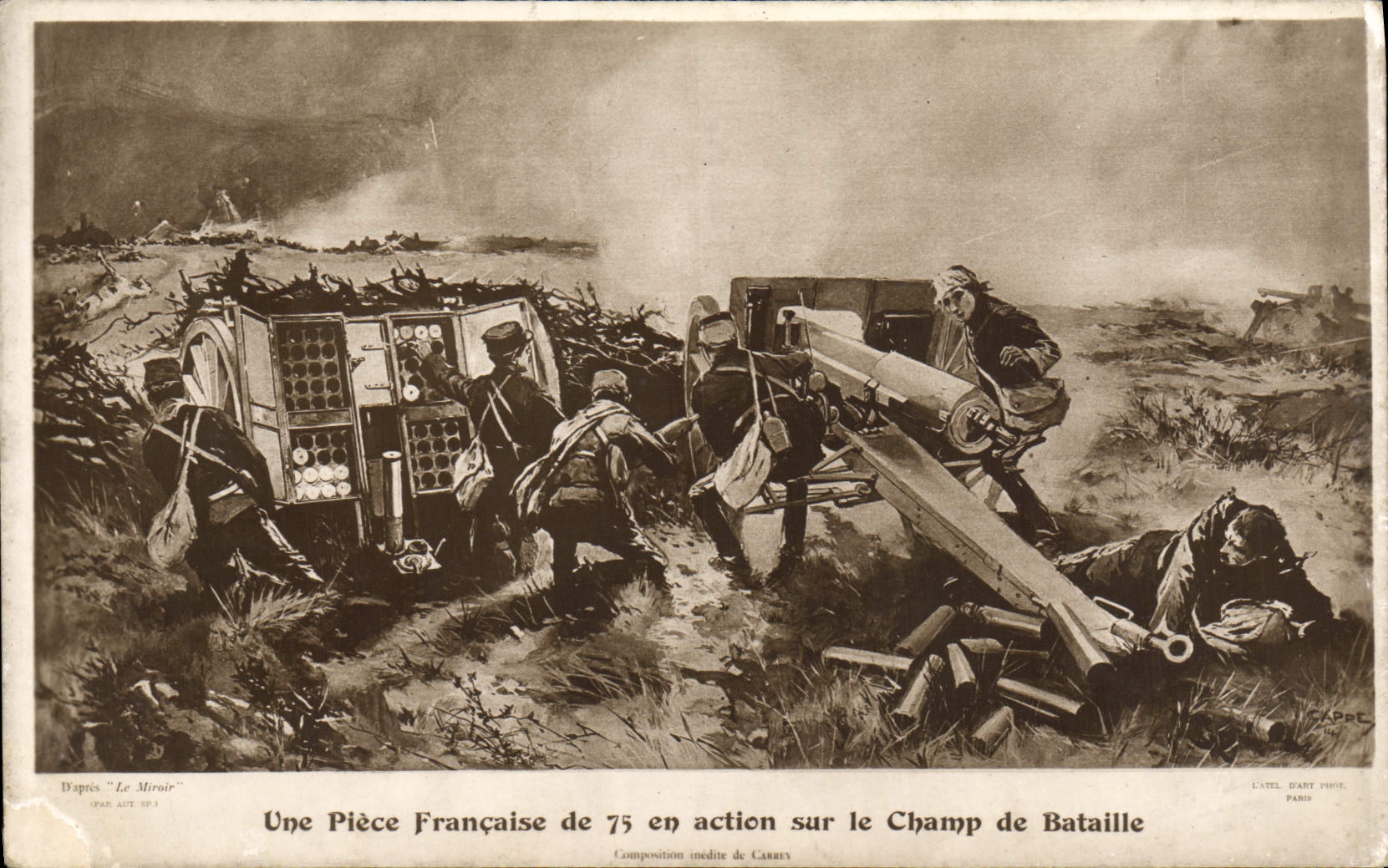 CPA Une Piece Francaise de 75 en action sur le Champ de Bataille Carrey Militaria