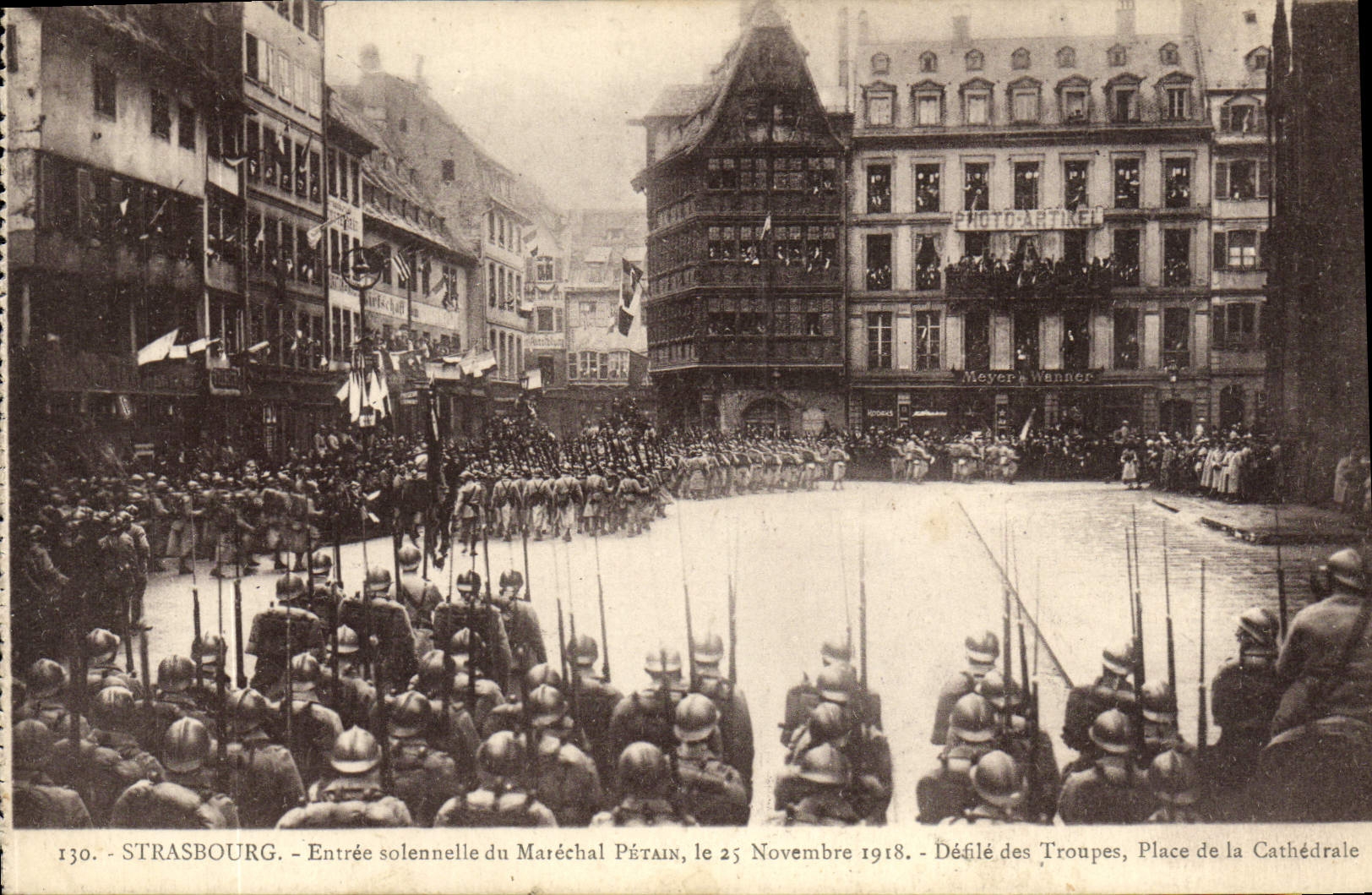 VINTAGE POSTCARD Strasbourg Entree solemn of the Marshal Petain Defile November 25th, 1918 of the troops Places Militaria cathedral