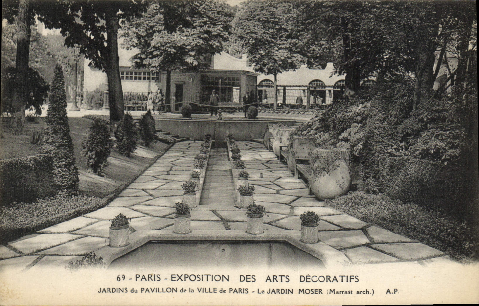 Feria de París de la POSTAL de la VENDIMIA de los jardines decorativos de los artes de la casa de la ciudad de París el jardín de Moser