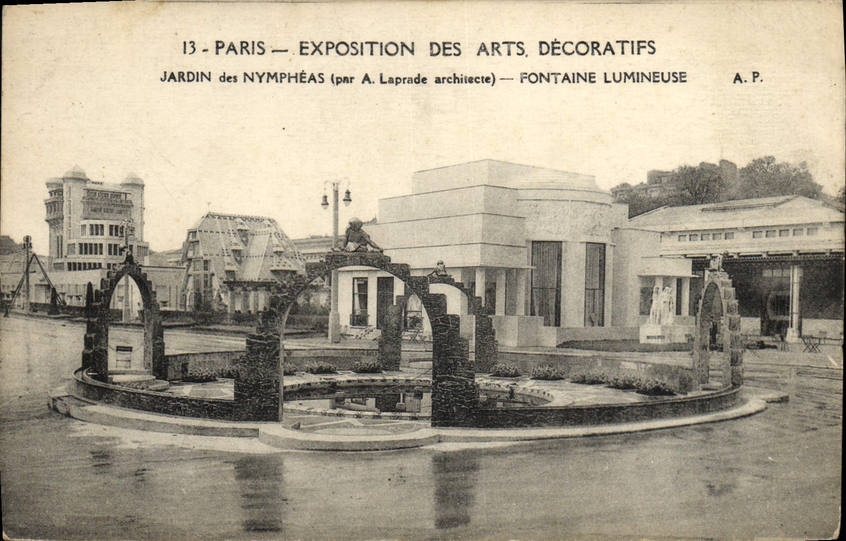 Exposición internacional de París de la POSTAL de la VENDIMIA del jardín decorativo de los artes de la fuente luminosa del nymphea