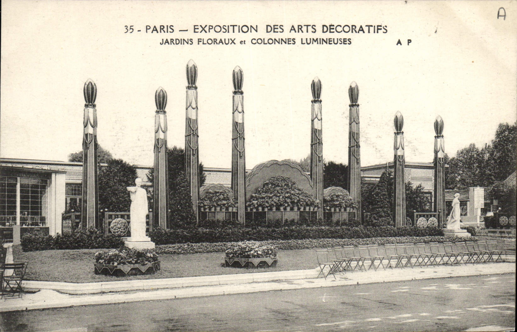 Feria de París de la POSTAL de la VENDIMIA de los jardines florales de los artes decorativos y de las columnas luminosas