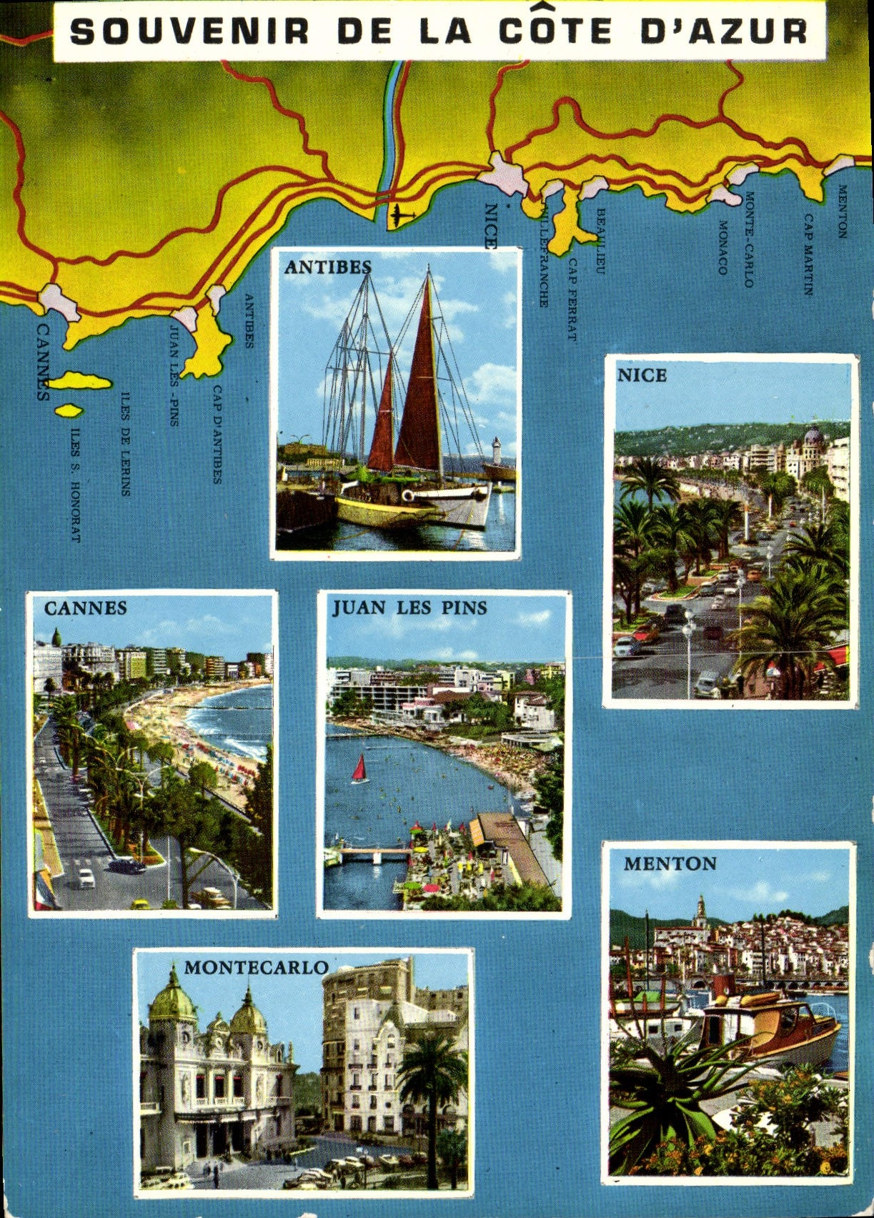 POSTAL MODERNA para recordar de la dimensión de Antibes azul Niza Menton