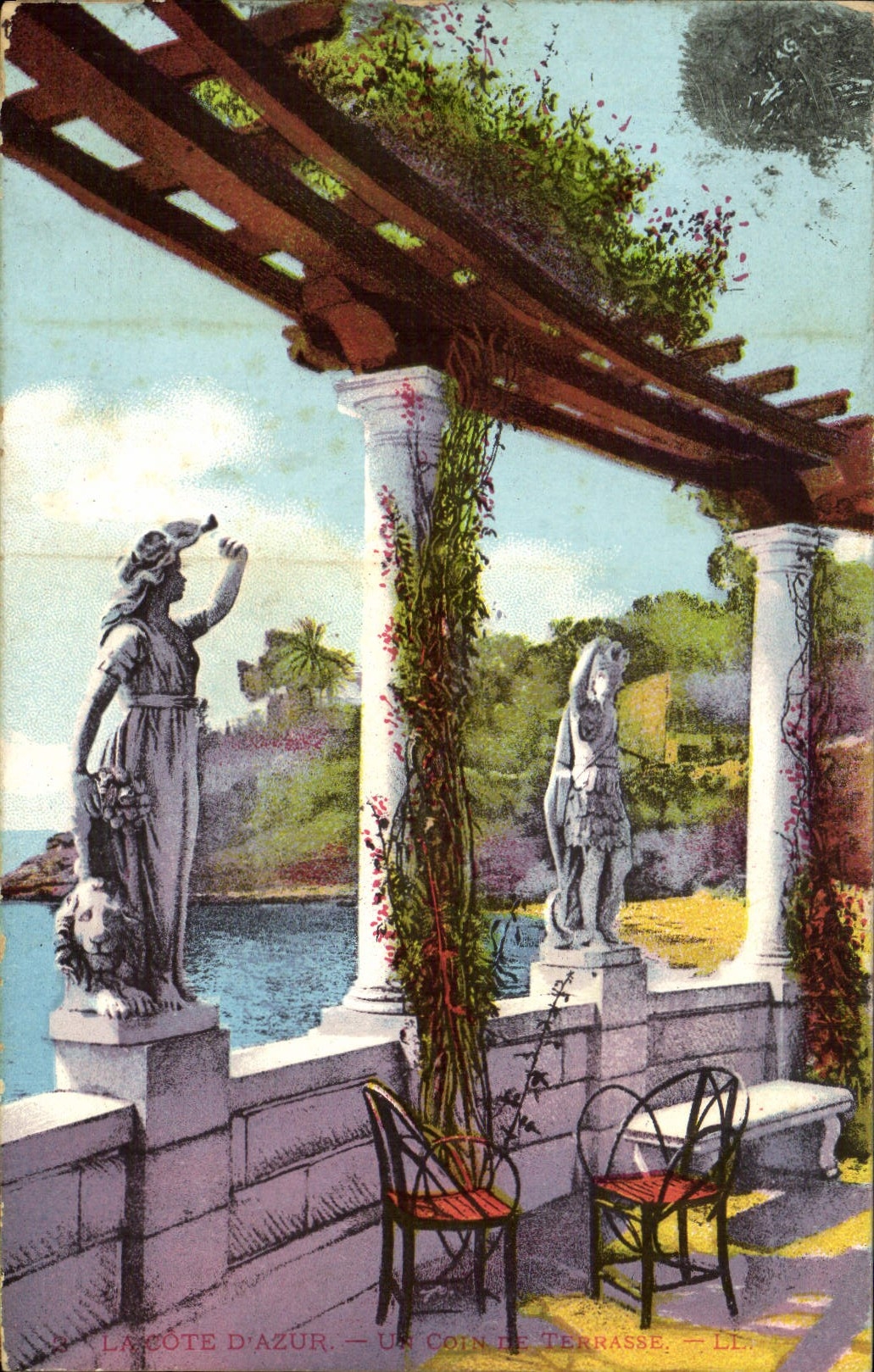 Corral de la POSTAL de la VENDIMIA del azul de la moneda del terrrasse