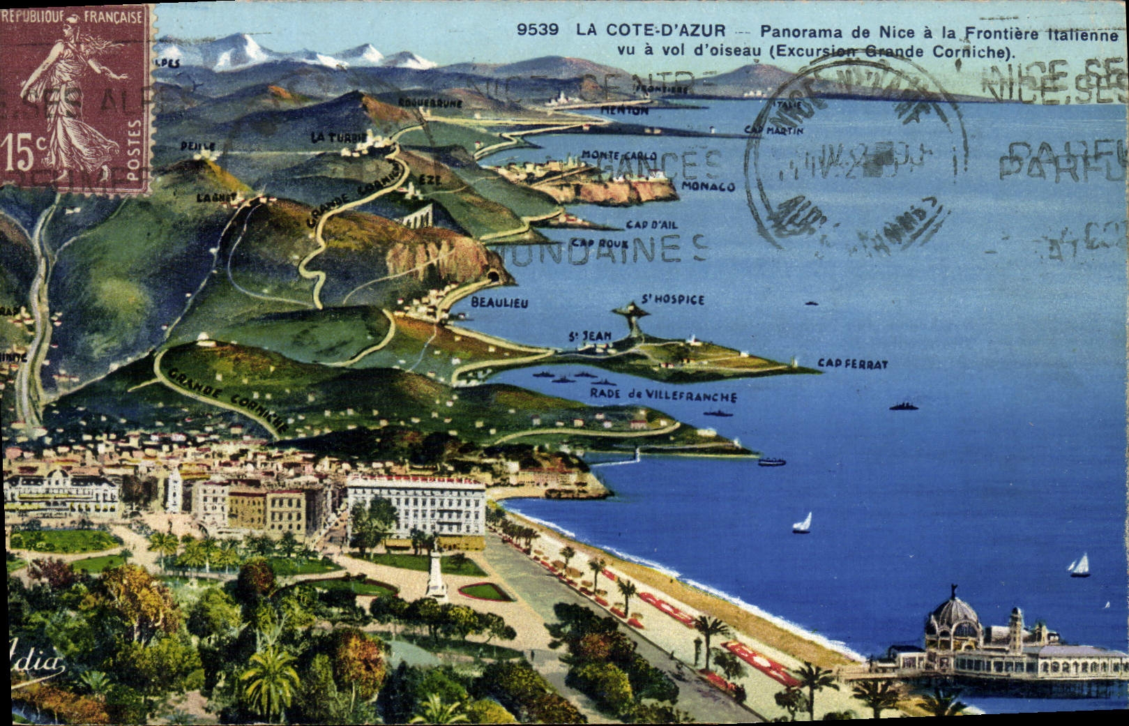 La dimensión de la POSTAL de la VENDIMIA del panorama azul de Niza en la frontera de Itatienne que considera como el cuervo vuela la cornisa grande de la excursión