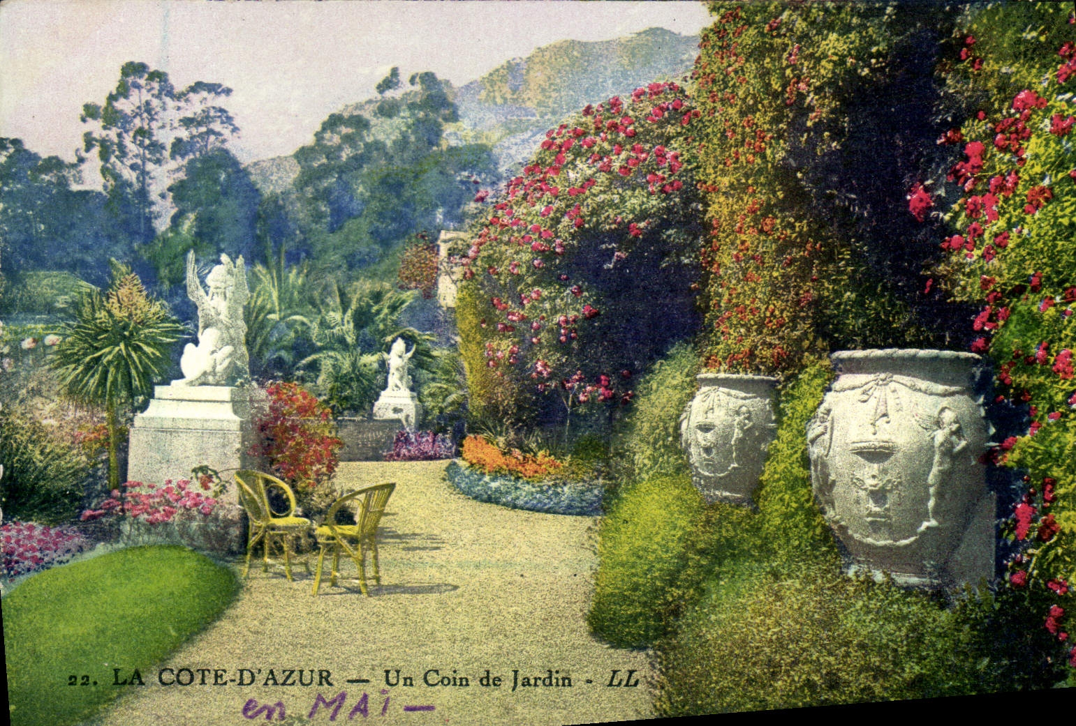 Dimensión de la POSTAL de la VENDIMIA del azul una esquina del jardín