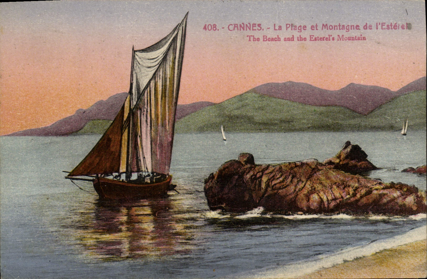 VINTAGE POSTCARD Cannes the Beach and Mountain as of Esterel Boat
