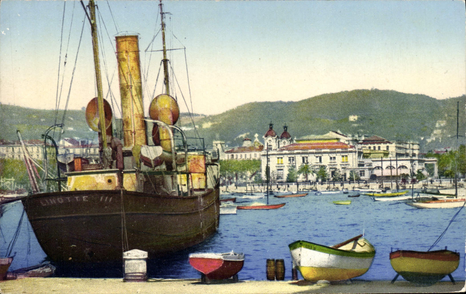 VINTAGE POSTCARD Cannes the port and the Municipal Casino Boat Linnet III