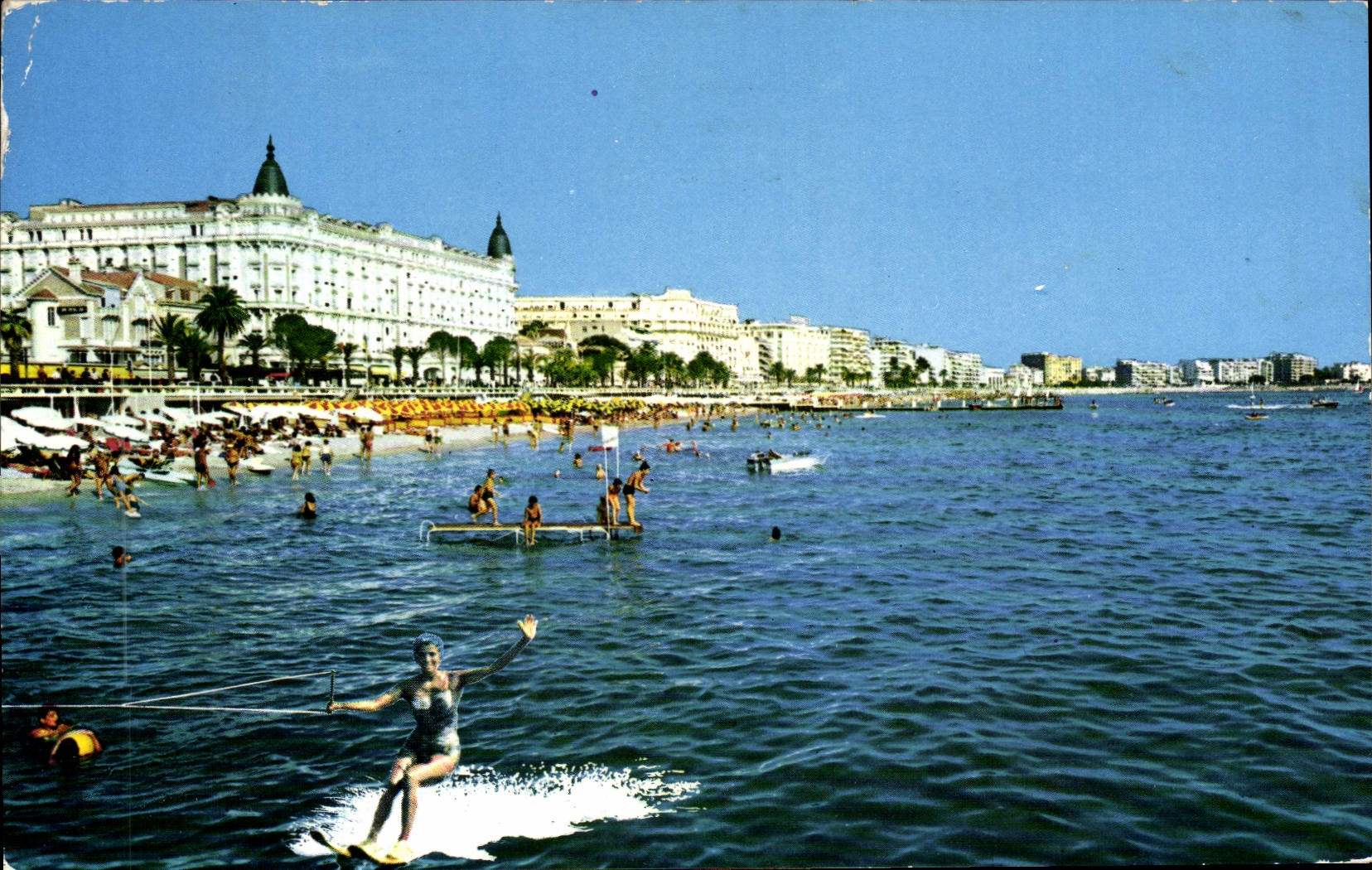 VINTAGE POSTCARD Cannes the Beach and the Hotels Water skiing