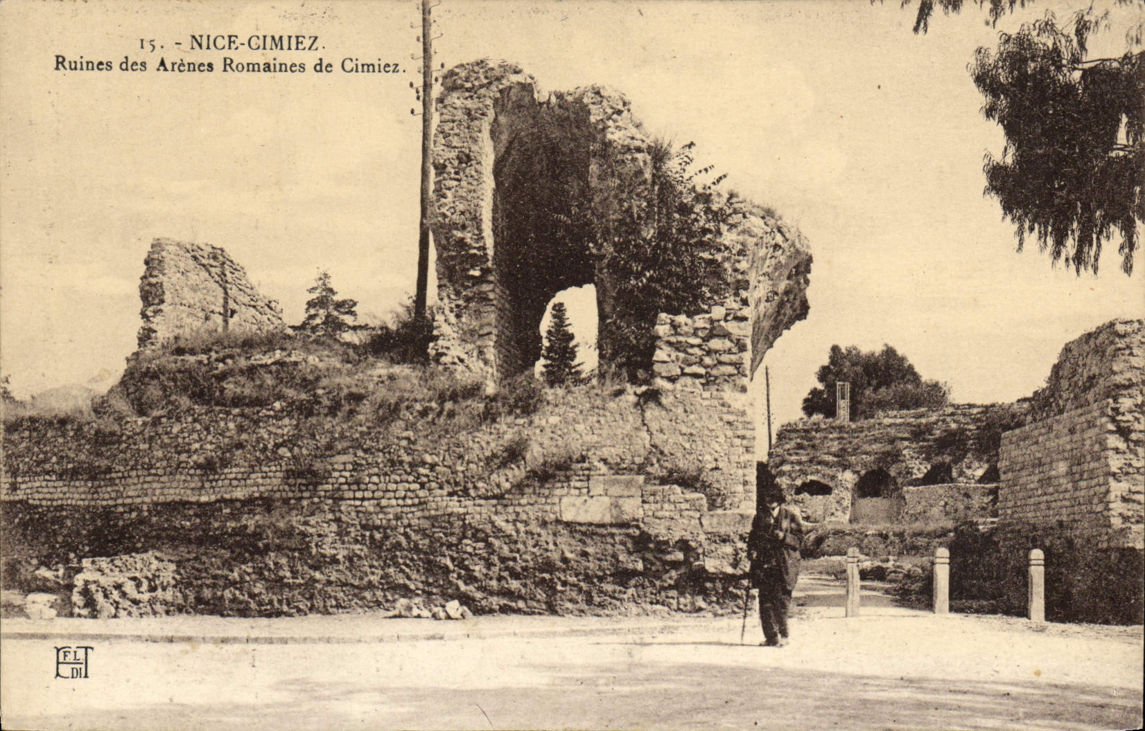 Ruinas romanas de Cimiez de la POSTAL de la VENDIMIA Niza de la arena de Cimiez