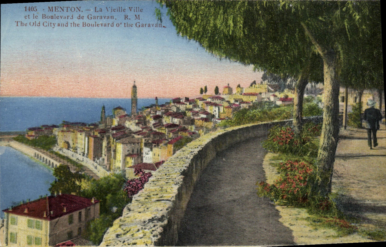POSTAL de la VENDIMIA Menton la ciudad vieja y el bulevar de Garavan