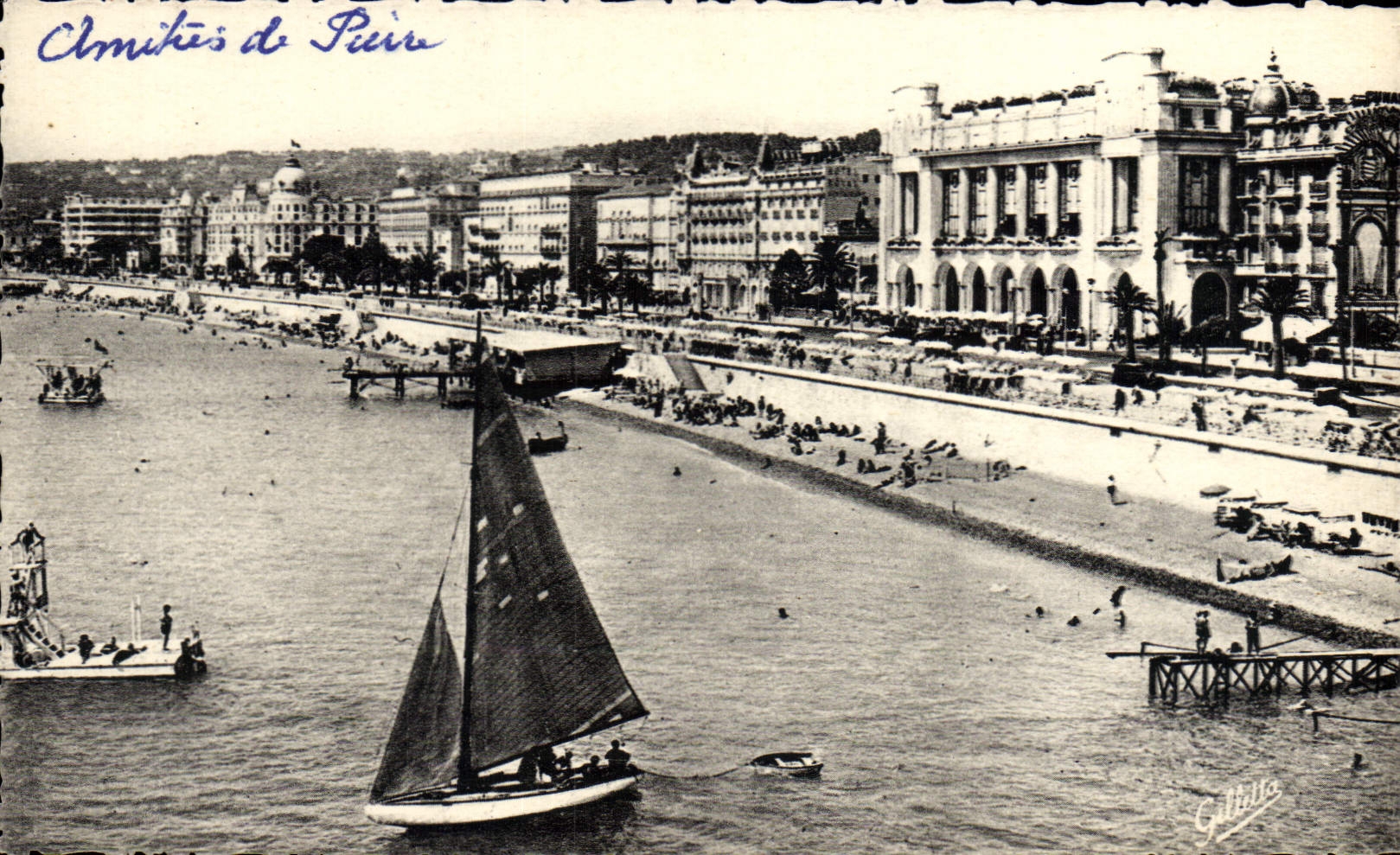 VINTAGE POSTCARD Nice hotels and the beach Boat