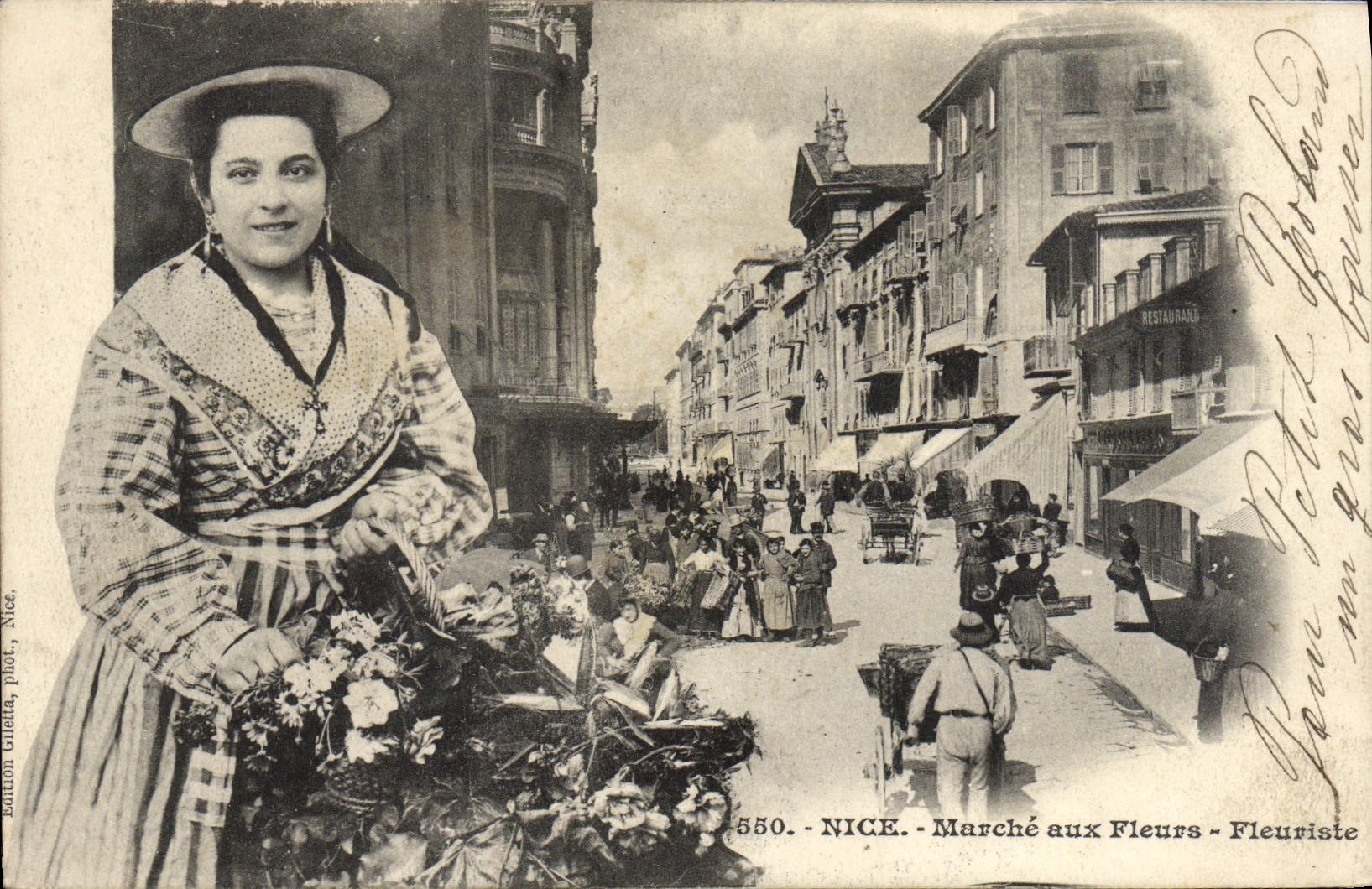 La POSTAL de la VENDIMIA Niza va al folklore de la mujer del florista de las flores