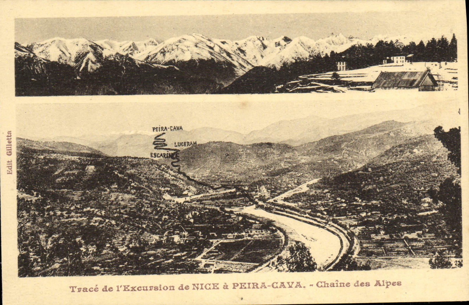 El rastro de la POSTAL de la VENDIMIA de la excursión de Niza tiene Peira hundido la gama alpestre