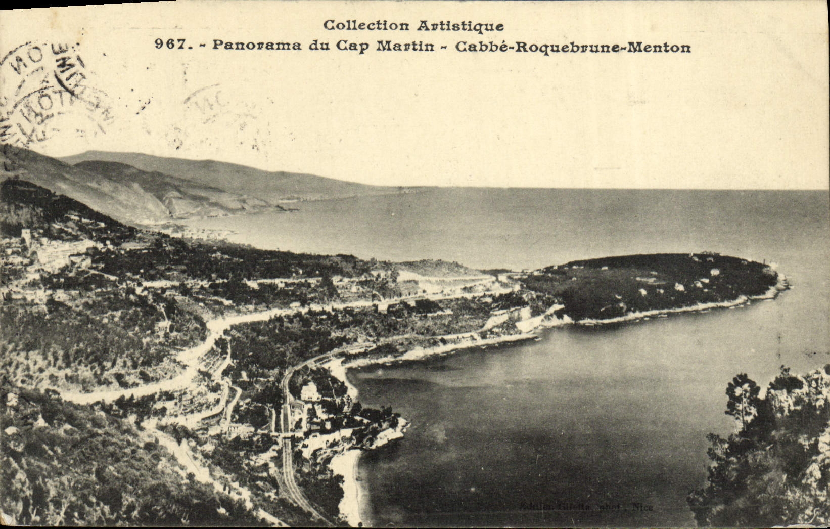 Panorama Cabbe Roquebrune de Martin del cabo de la POSTAL de la VENDIMIA Menton