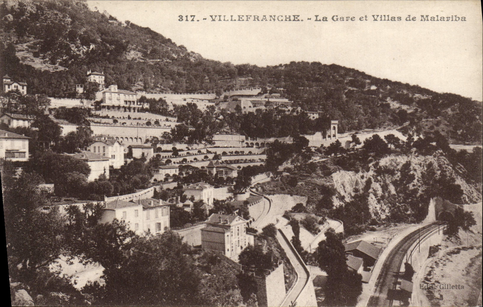 VINTAGE POSTCARD Villefranche Train station and Villas of Malariba