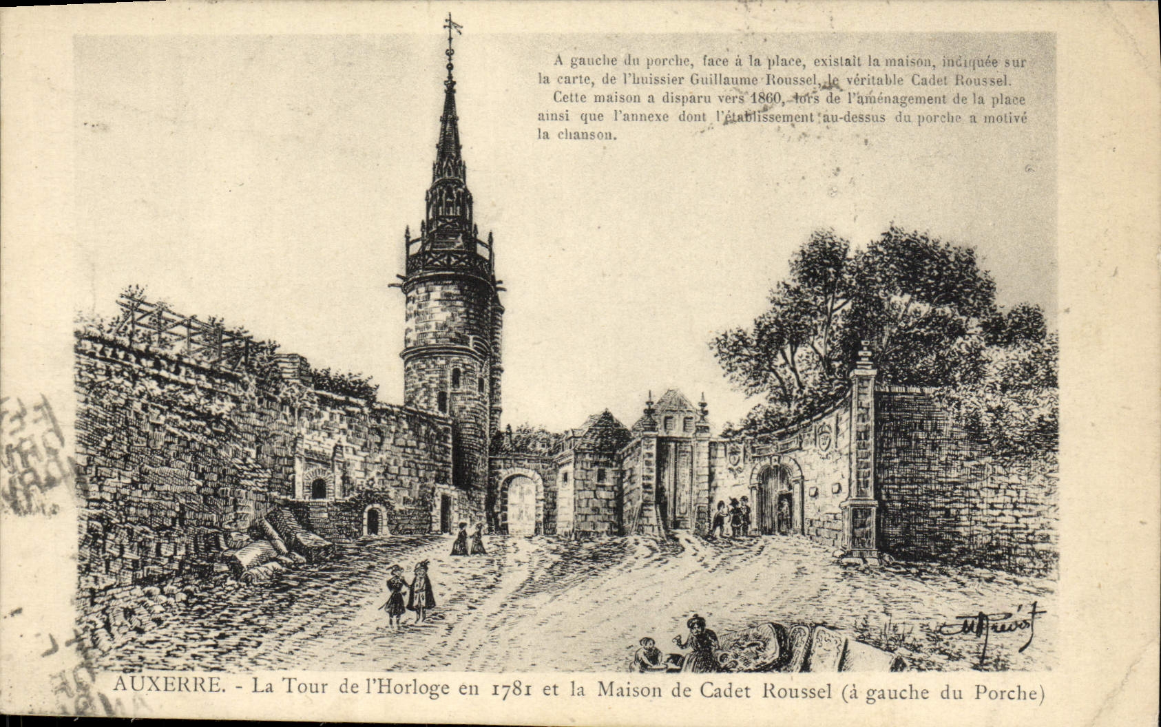 VINTAGE POSTCARD Auxerre the Tower of the clock in 1781 and the House of Roussel Junior