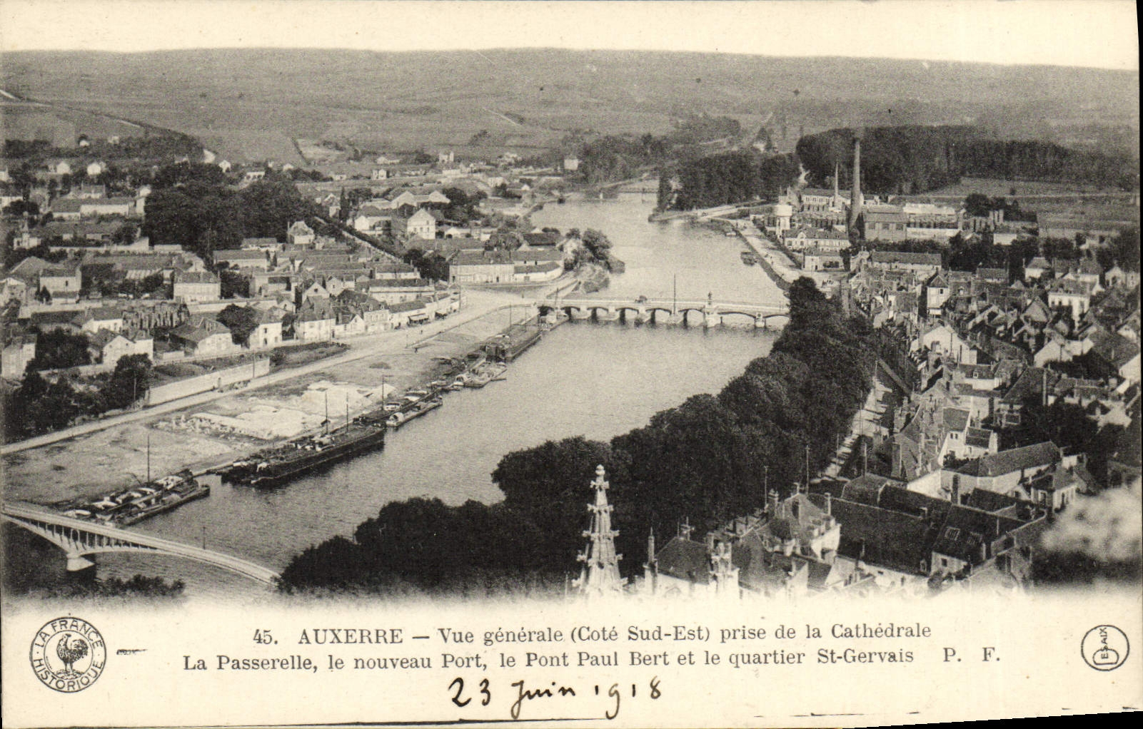 VINTAGE POSTCARD Auxerre View Taken of the Cathedral the footbridge the new port the Bridge Paul Bert and the district St Gervai