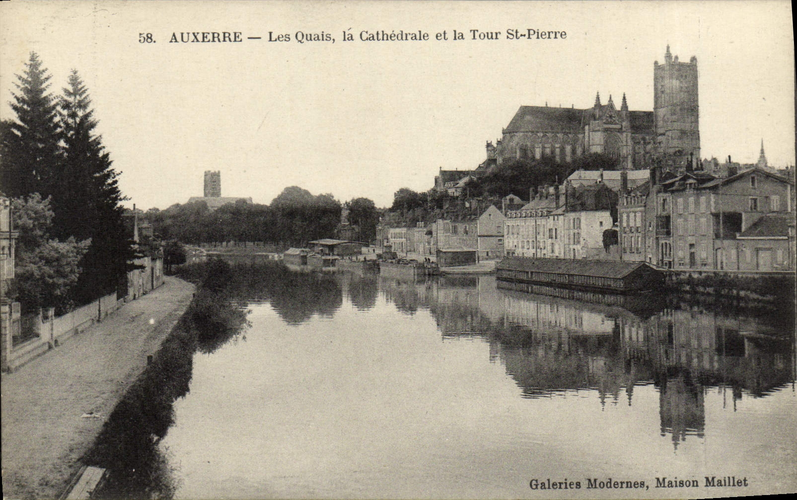 VINTAGE POSTCARD Auxerre Quays the Cathedral and the Tower St Pierre