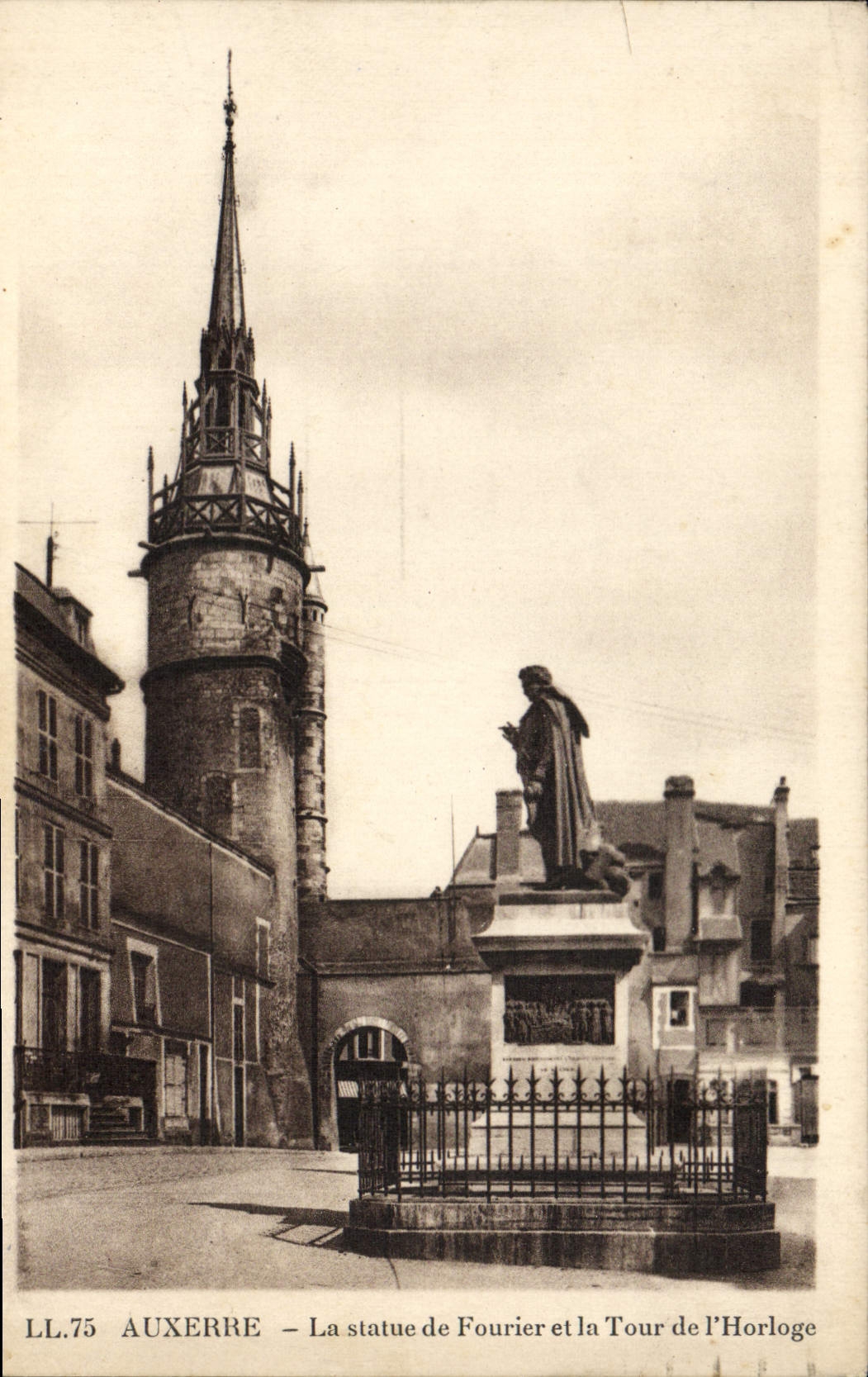 VINTAGE POSTCARD Auxerre the Statue of Fourier and the Tower of the Clock