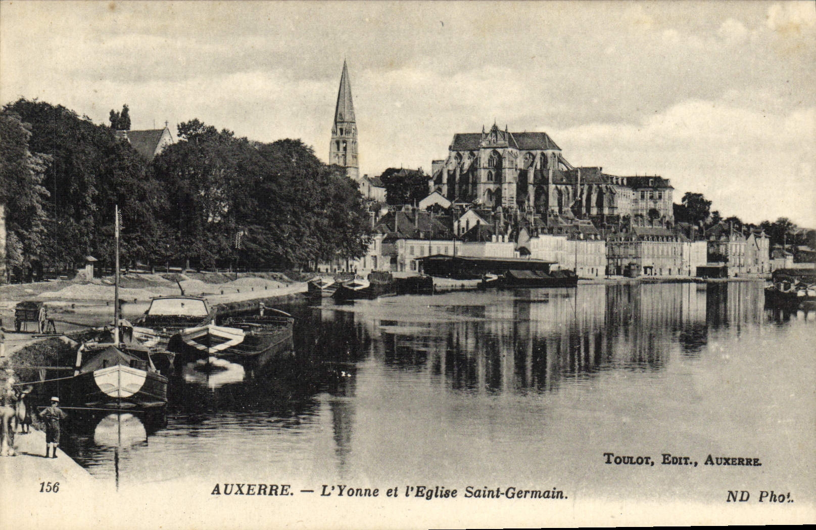 VINTAGE POSTCARD Auxerre Yonne and the Church Saint Germain Boats Barges