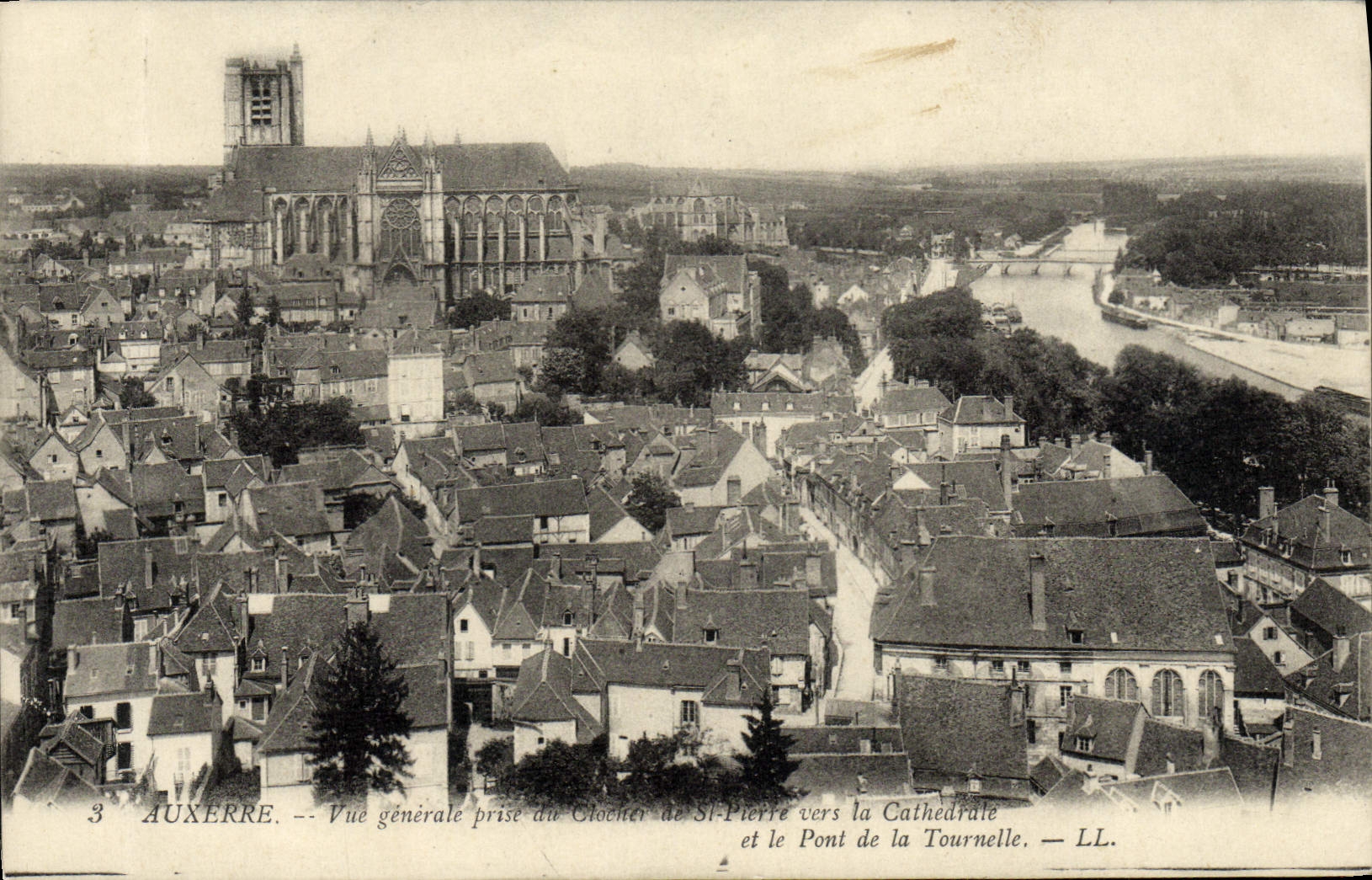 VINTAGE POSTCARD Auxerre the Cathedral and the Church German saint Seen from of the bell-tower of St Pierre towards the cathedral and the bridge