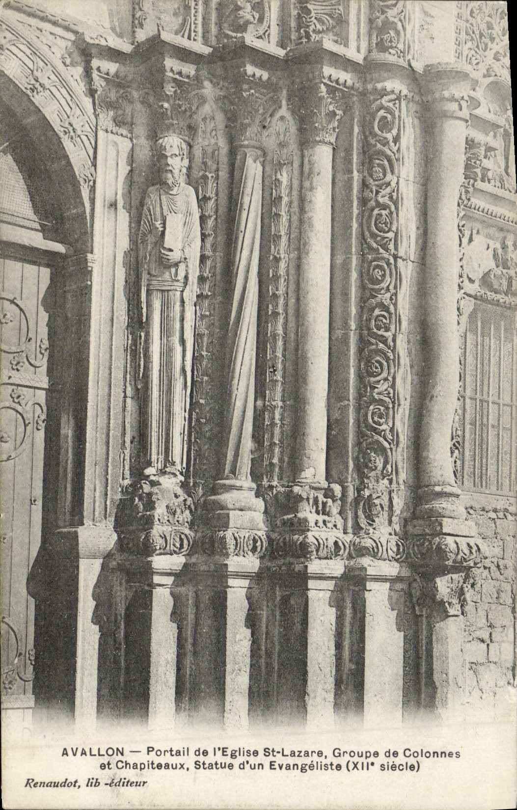 La POSTAL Avallon Portail de la VENDIMIA del St Lazare de la iglesia agrupa columnas y estatua capitales de un evangelista