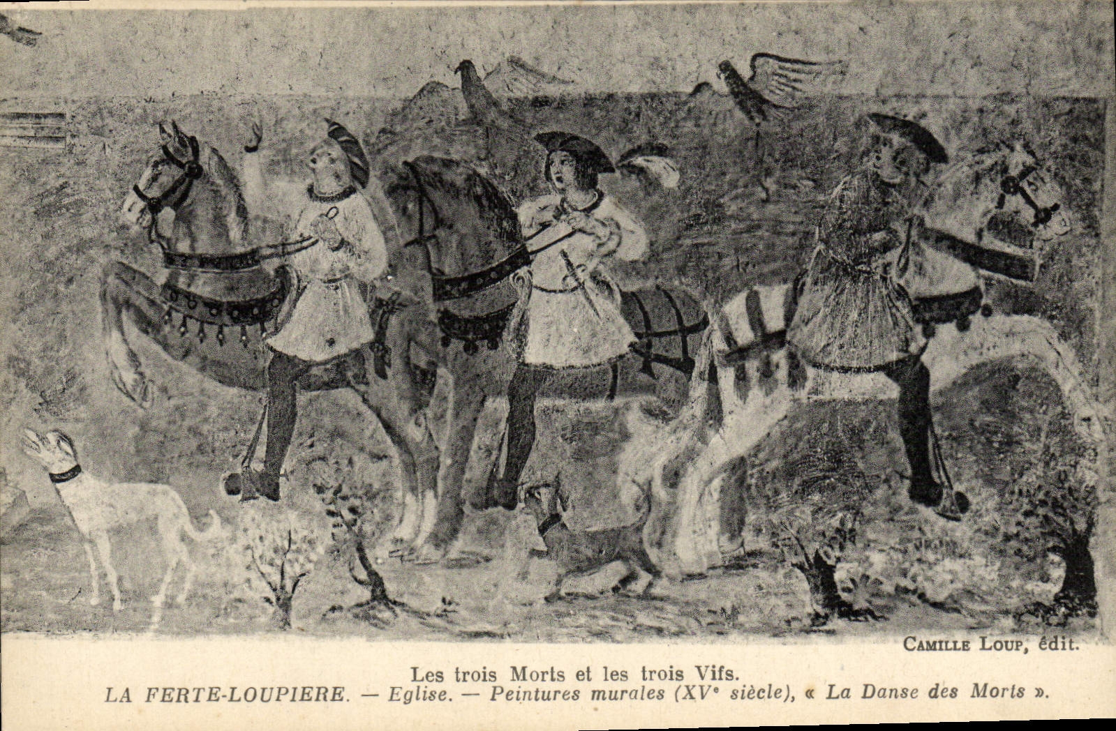 VINTAGE POSTCARD Ferte Loupiere Church murals the three dead ones and the three sharp ones