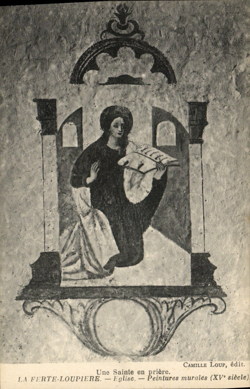 VINTAGE POSTCARD Sainte in prayer Ferte Loupiere Peinlures Church mural