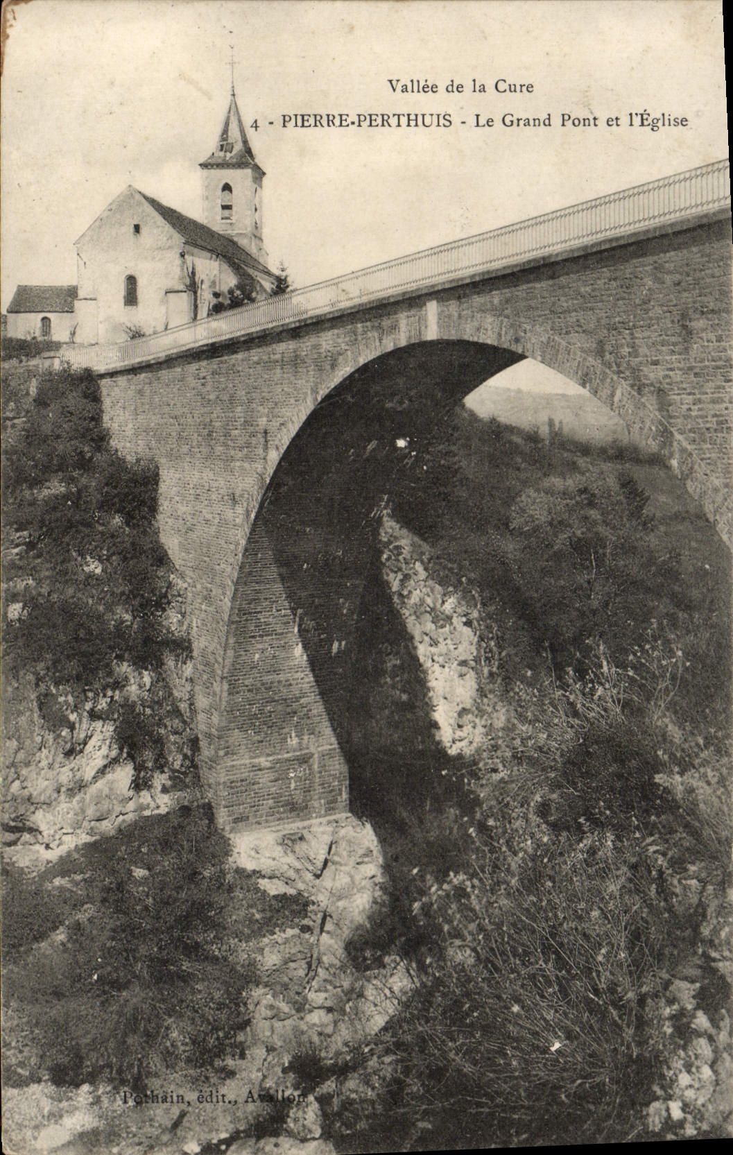 VINTAGE POSTCARD Valley of the Cure Pierre Perthuis the Large Bridge and I' church